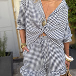 Resort Casual Gingham Blouse and Ruffle Shorts Set