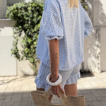 Resort Casual Gingham Blouse and Ruffle Shorts Set