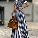 Summer Elegant Vertical Striped Print Shirt Dress