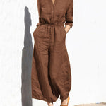 Solid Color Elastic Waist Long Sleeve Wide Leg Long Jumpsuit