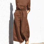 Solid Color Long Sleeve Rompers Back Button Elastic Waist Wide Leg Long Jumpsuit