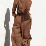 Solid Color Elastic Waist Long Sleeve Wide Leg Long Jumpsuit