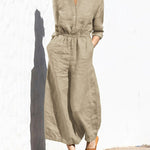 Solid Color Elastic Waist Long Sleeve Wide Leg Long Jumpsuit