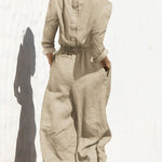 Solid Color Elastic Waist Long Sleeve Wide Leg Long Jumpsuit