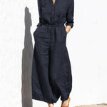 Solid Color Elastic Waist Long Sleeve Wide Leg Long Jumpsuit