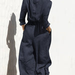 Solid Color Elastic Waist Long Sleeve Wide Leg Long Jumpsuit