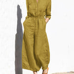 Solid Color Elastic Waist Long Sleeve Wide Leg Long Jumpsuit