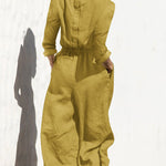 Solid Color Elastic Waist Long Sleeve Wide Leg Long Jumpsuit