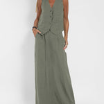Effortlessly Chic Solid Color Sleeveless Vest And Long Skirts with Pockets Set