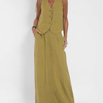 Effortlessly Chic Solid Color Sleeveless Vest And Long Skirts with Pockets Set