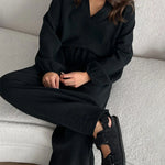 4Pcs Outfits Black Sets+Orange Sets Simple V-Neck Tops + Casual Wide Leg Pants