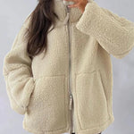 Teddy Fleece Jacket Cozy High Collar Zip-up Coat Fuzzy Winter Outwear with Pockets