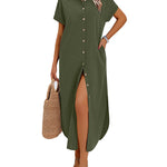Summer Casual Button Down Long Shirt Dress with Pockets (US Only)