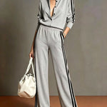 Camel Color-blocked Single-breasted Top And Wide-leg Pants Suit