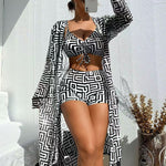 Women's Rectangular Printed Two-Piece Swimsuit and Cover-Up Three-Piece Set