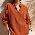 Women's Zip-Up Stand-Collar Long-Sleeve Loose-Fit Casual Corduroy Top
