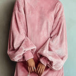 High-neck corduroy lantern-sleeve loose mini dress