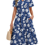 Nadorine Women's Casual Short Sleeve A-line Midi Dress with Pocket (US Only)