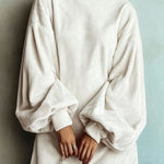 High-neck corduroy lantern-sleeve loose mini dress