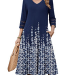 Casual V-Neck A Line Flowy Eyelet Midi Dress (US Only)