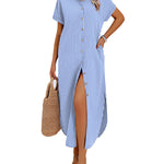 Summer Casual Button Down Long Shirt Dress with Pockets (US Only)