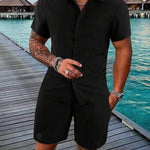 KZZ Men's Textured Crinkle Camping Shirt & Shorts Set