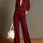 Camel Color-blocked Single-breasted Top And Wide-leg Pants Suit