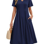 Nadorine Women's Casual Short Sleeve A-line Midi Dress with Pocket (US Only)
