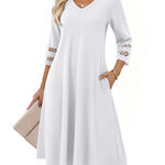 Casual V-Neck A Line Flowy Eyelet Midi Dress (US Only)