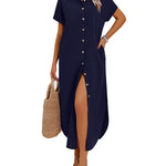 Summer Casual Button Down Long Shirt Dress with Pockets (US Only)