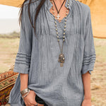 Nadorine Solid V-Neck Tees Lace Splicing Fold Blouse Flowy Casual Loose Fit Shirt
