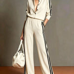 Camel Color-blocked Single-breasted Top And Wide-leg Pants Suit