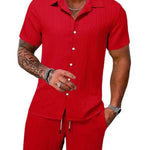 KZZ Men's Textured Crinkle Camping Shirt & Shorts Set