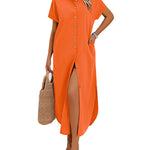 Summer Casual Button Down Long Shirt Dress with Pockets (US Only)