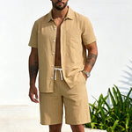 KZZ Men's Summer Striped Linen Shirt and Straight-Leg Shorts Set