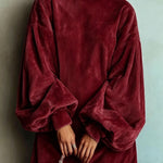 High-neck corduroy lantern-sleeve loose mini dress