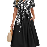 Nadorine Women's Casual Short Sleeve A-line Midi Dress with Pocket (US Only)