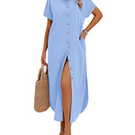 Summer Casual Button Down Long Shirt Dress with Pockets (US Only)