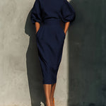 Elegant Puff Sleeve High-waisted Pocket Midi Dress