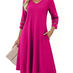 Casual V-Neck A Line Flowy Eyelet Midi Dress (US Only)