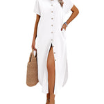 Summer Casual Button Down Long Shirt Dress with Pockets (US Only)