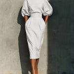 Elegant Puff Sleeve High-waisted Pocket Midi Dress