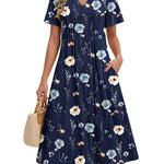 Nadorine Women's Casual Short Sleeve A-line Midi Dress with Pocket (US Only)