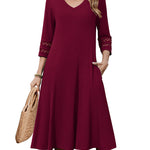 Casual V-Neck A Line Flowy Eyelet Midi Dress (US Only)