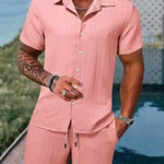 KZZ Men's Textured Crinkle Camping Shirt & Shorts Set