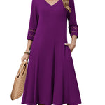 Casual V-Neck A Line Flowy Eyelet Midi Dress (US Only)