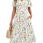 Nadorine Women's Casual Short Sleeve A-line Midi Dress with Pocket (US Only)