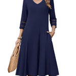 Casual V-Neck A Line Flowy Eyelet Midi Dress (US Only)