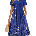 Nadorine Women's Casual Short Sleeve A-line Midi Dress with Pocket (US Only)