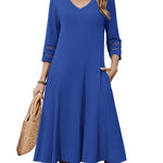 Casual V-Neck A Line Flowy Eyelet Midi Dress (US Only)